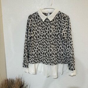 Leopard Print Blouse with White Collar